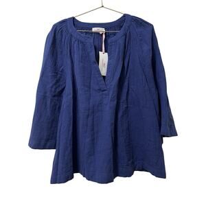 Vineyard Vines Womens Beachy Gauzy Popover‎ 3/4 Sleeve Top Size L Navy Coastal